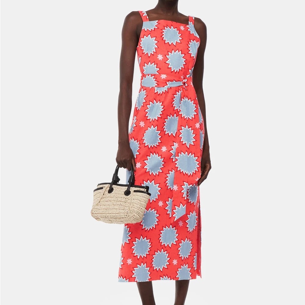 Whistles Coral Sunburst Linen Blend Dress, Size 10